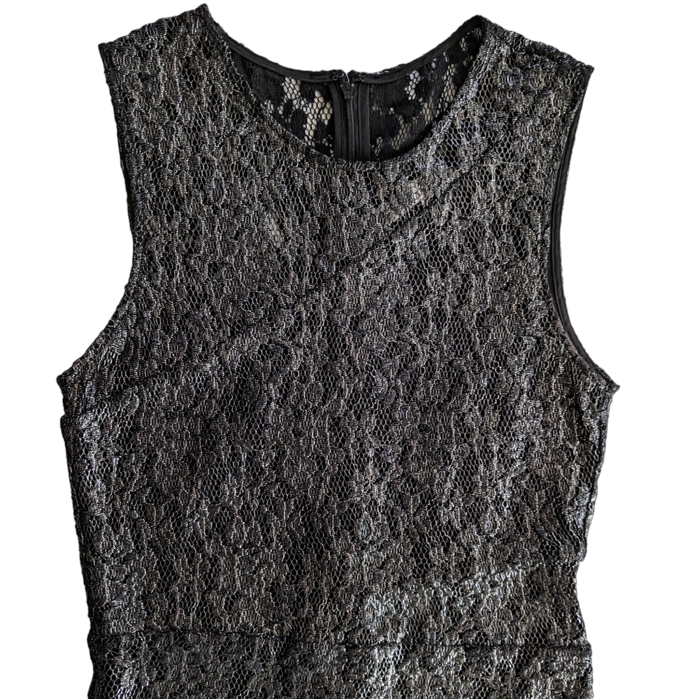 Parker Gunmetal Gray Metallic Lace Illusion Sheath Dress Size Large - Picture 4 of 11